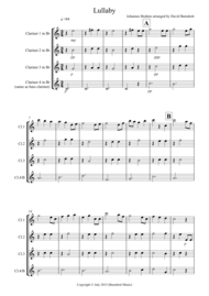 Brahms Lullaby for Clarinet Quartet Sheet Music by Johannes Brahms