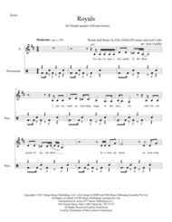Royals (Lorde) for female quartet plus percussion Sheet Music by Lorde