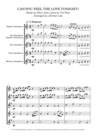 Can You Feel The Love Tonight for Saxophone Quartet Sheet Music by Elton John