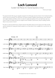 Loch Lomond - Scottish Folk Melody for Clarinet Choir or Quintet Sheet Music by Traditional